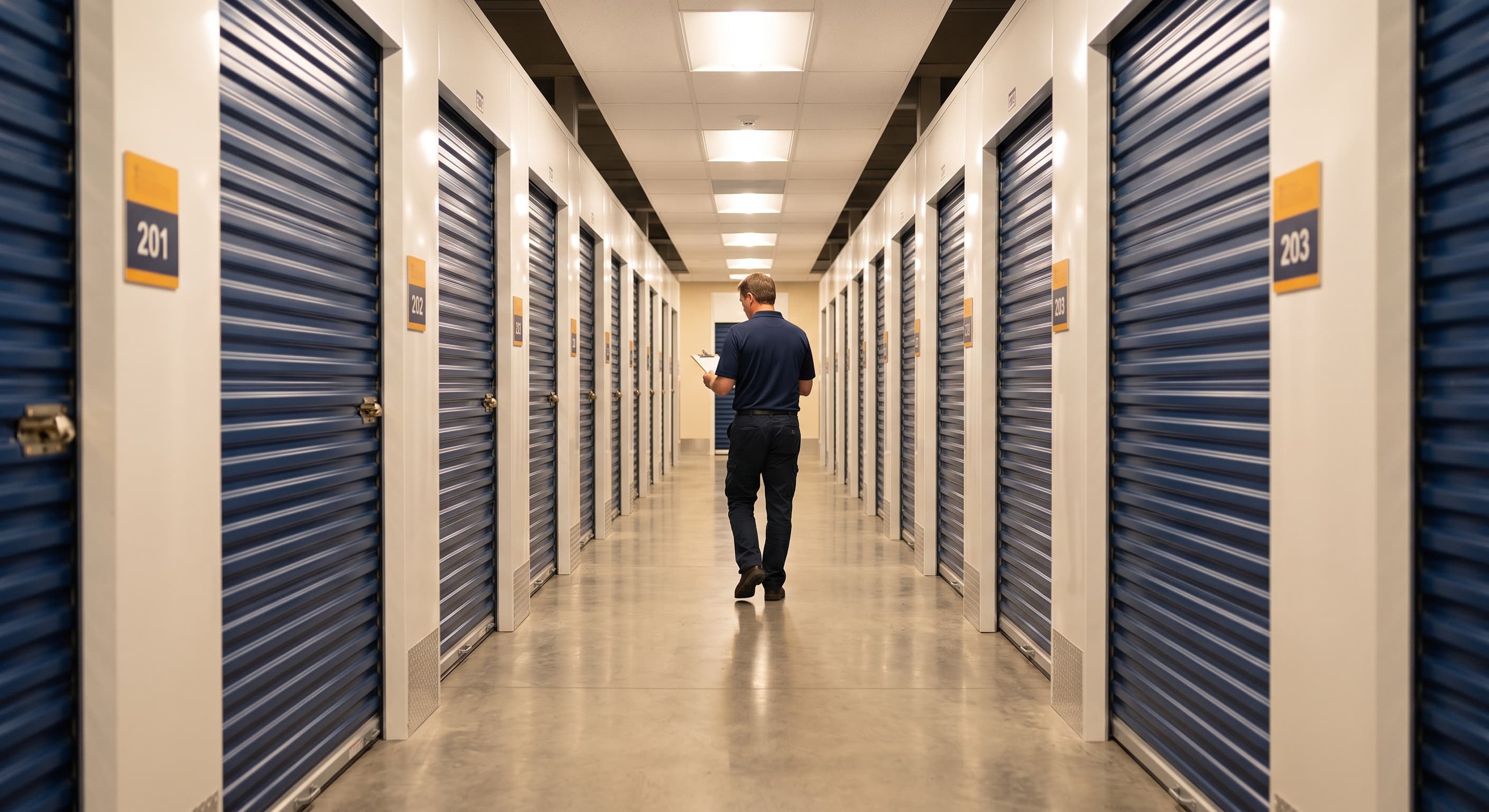 Wide shot of a well-organized storage facility hallway