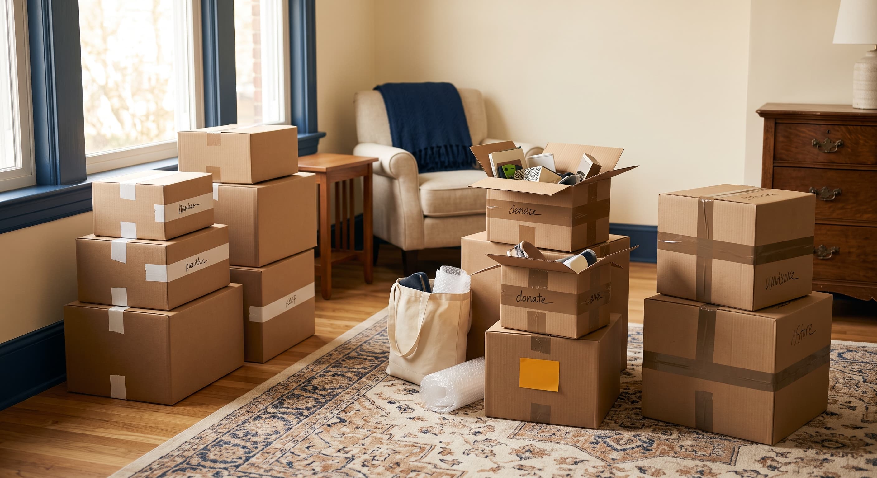Decluttering: labeled boxes sorted into keep, donate, and store piles